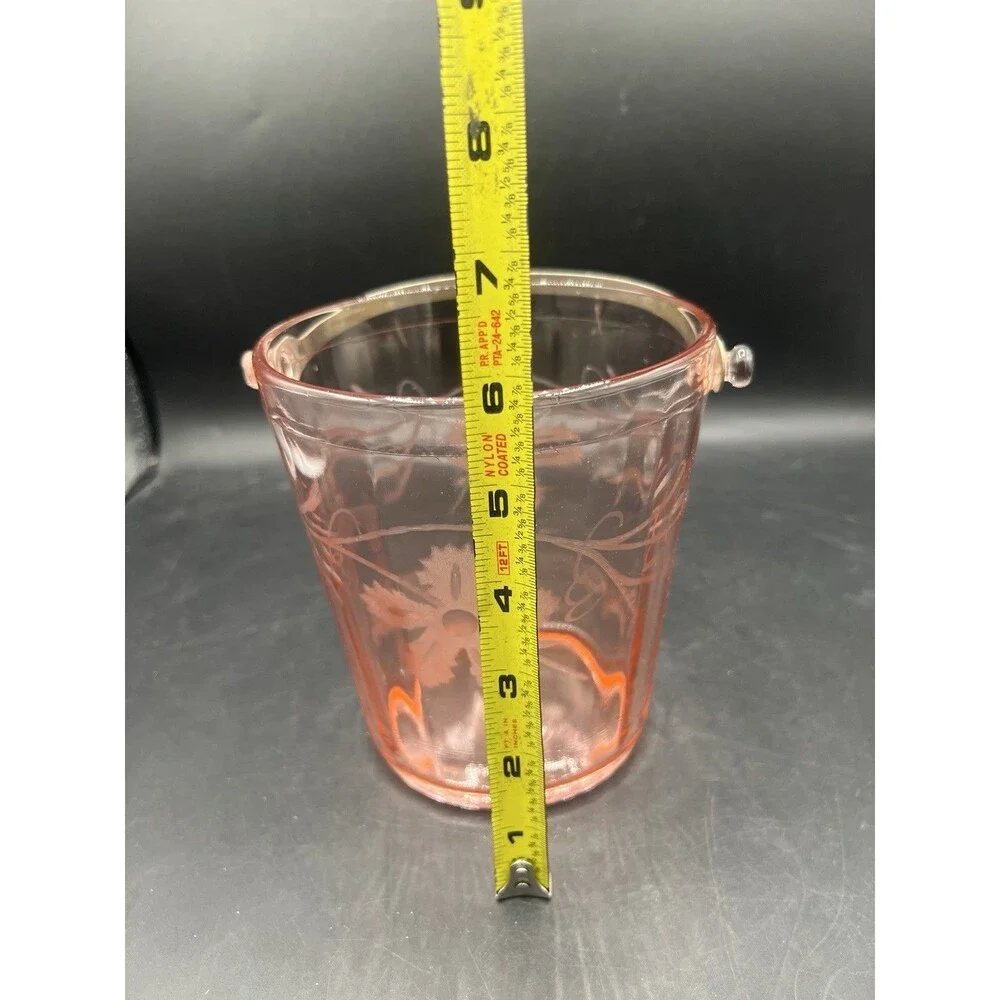 Vintage Cambridge Pink Depression Glass Ice Bucket Etched Floral Grapes Tongs